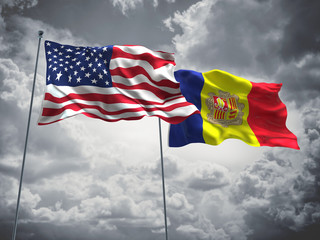 United States of America, USA & Andorra Flags are waving in the sky with dark clouds