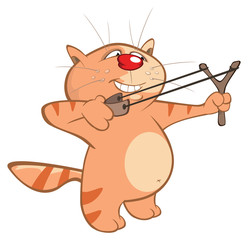 Vector Illustration of a Cute Cat and Slingshot . Cartoon Character