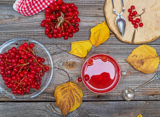 tea from fresh berries of viburnum in a transparent glass cup