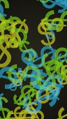 Multicolored translucent dollar signs on dark background. Vertical image orientation. 3D illustration