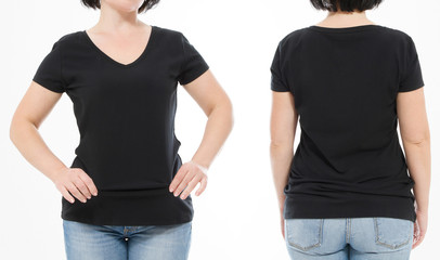 Women black blank t shirt, front and back rear view isolated on white background. Template shirt, copy space and mock up for print design. Cropped image