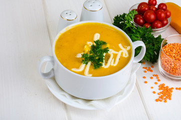 Vegetable soup puree with lentils and pumpkin