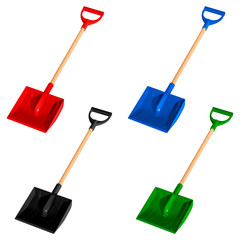 Набор из четырех цветных пластиковых совковых лопат для уборки снега с деревянными ручками, векторная иллюстрация на белом фоне