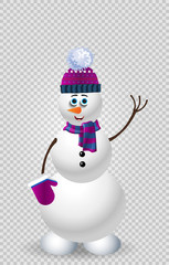 Cute cartoon snowman in purple knitted hat on transparent background.