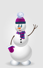 Cute cartoon snowman in purple knitted hat on white background.