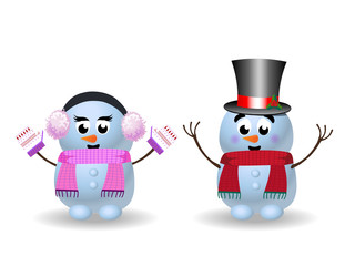 Cute cartoon snowmen girl and boy on white background.