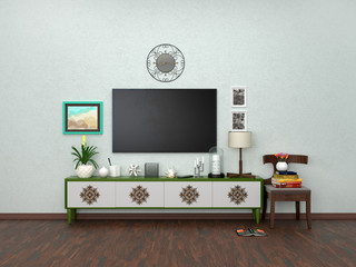 home interior with TV on the wall. 3d illustration
