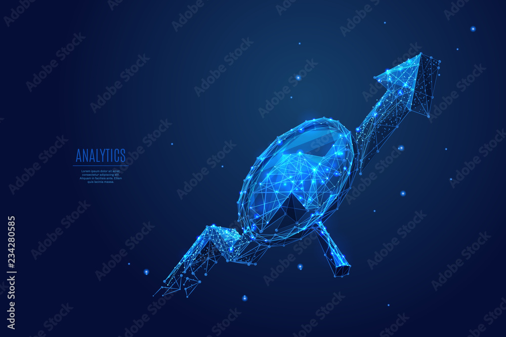Poster Abstract image of magnifying and arrow up in the form of starry sky or space, consisting of points, lines, and shapes in the form of planets, stars and the universe. Business vector wireframe concept
