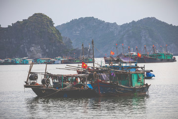 Floating fishing village and fishing boats in Cat Ba Island, Vietnam, Southeast Asia. UNESCO World Heritage Site. © Curioso.Photography