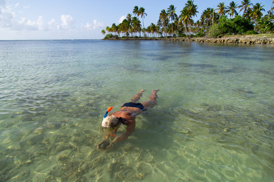 Girl snorkeling on a tropical island. Girl snorkeling in a sea near sandy beach with beautiful color and clear water