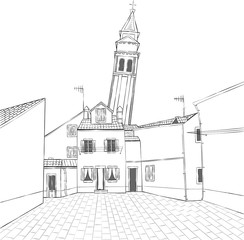 Obraz premium Vector. Old houses and bell tower.