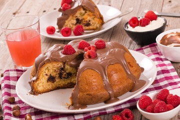 Chocolate cake with raspberries.