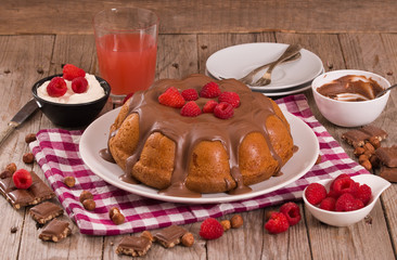 Chocolate cake with raspberries.