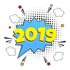 2019 happy new year christmas comic pop art speech bubble vector illustration. Colorful pop art style sound effect. Halftone, vintage comic sound effects isolated on white background.