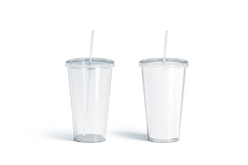 Blank white and transparent acrylic tumbler with straw mockup set,