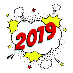 2019 happy new year christmas comic pop art speech bubble vector illustration. Colorful pop art style sound effect. Halftone, vintage comic sound effects isolated on white background.
