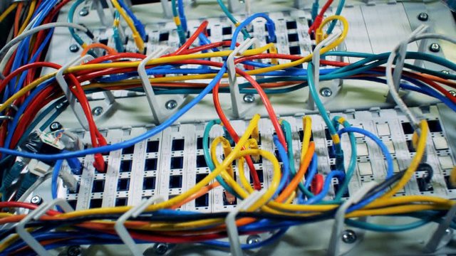 Data center with equipment, close up.