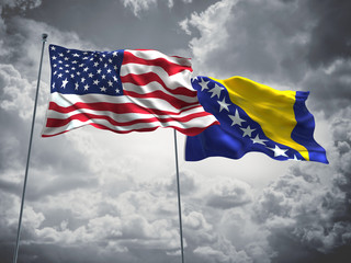 United States of America, USA & Bosnia & Herzegovina Flags are waving in the sky