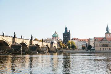 Beautiful view of the cityscape including the Charles Bridge and architecture and the Vltava River in Prague in the Czech Republic.