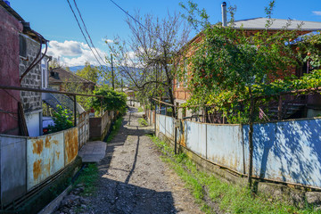 small narrow side street with home and fruit trees, in the background mountains and blue sky