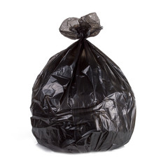 close up of one black garbage bag isolated white background with