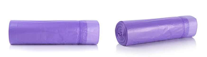 Violet roll of plastic garbage bags isolated on white background