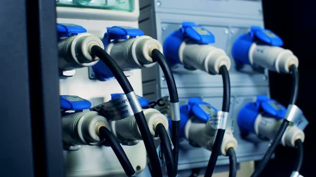 Industrial socket, plug, outlet. High-voltage electrical equipment at data-center.