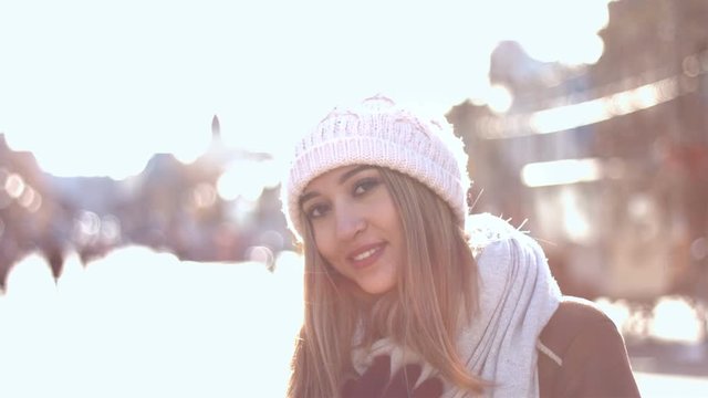 Fabulous smile.
Girl stands on the Arbat, wind blows in the face. She dreams about something. She looks great with her fabulous smile. Perspective of the main street of city.