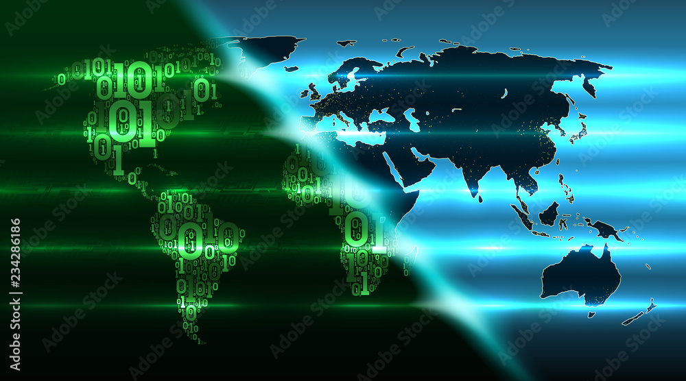 Poster Binary code world map with a background of abstract hardware. Digital world. Concept of digital technology, cloud service, internet of things, big data, vector illustration