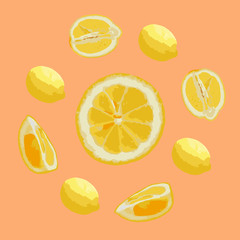 Pattern of lemons in pastel colors. Coral background, yellow lemons. Bright,realistic, juicy. Concept - creative summer banner, minimal summer idea, packaging, postcards. Vector illustration.