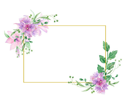 Floral frame with pink roses and decorative leaves. Watercolor Invitation design. Background to save the date. Greeting card with pink flowers. Gold polygonal frame