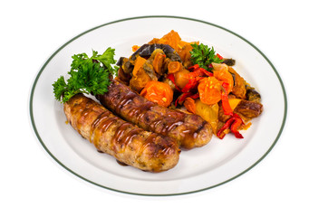 Grilled sausages with baked vegetables
