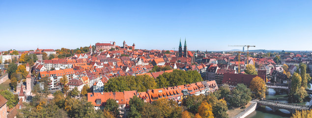Naklejka na ściany i meble Aerial wide panorama cityscape of Nuremberg, Bavaria, Germany