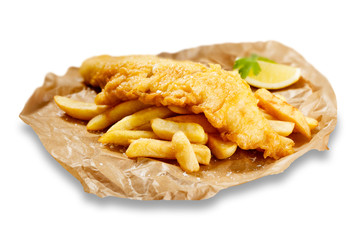 Fish and chips, in brown paper