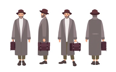 Bearded man wearing elegant coat, hat and holding briefcase. Funny male cartoon character isolated on white background. Front, side and back views. Colorful vector illustration in flat style.