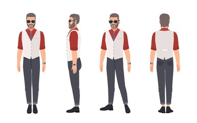 Cool grey haired bearded man wearing waistcoat and sunglasses. Cute male cartoon character isolated on white background. Front, side and back views. Colored vector illustration in flat style.