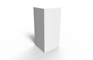 Semi-opened blank paper trifold leaflet mockup on white background with shadows. Photorealistic 3D illustration