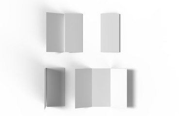 Set of four blank paper trifold leaflet mockups on white background with shadows. Different state. Photorealistic 3D illustration