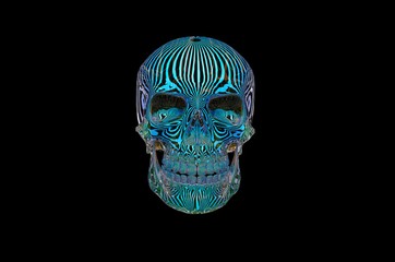 Glass crystal human skull on black background with blue stripes. 3D render