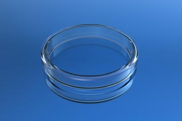 Transparent glass petri dishes on blue background with ground reflections. 3D rendering