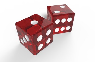 Two Red plastic transparent dice on white background. 3D rendering