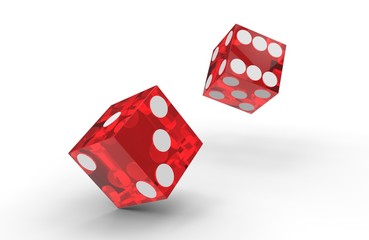 Two Red plastic transparent dice on white background. 3D rendering