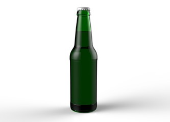 Green glass isolated full beer bottle with white cap on white background. 3D rendering