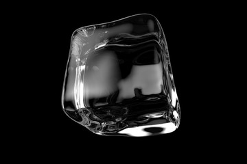 Transparent ice cube isolated on black background. 3D rendering