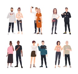 Obraz premium Collection of cute romantic couples spending time together. Set of happy men and women in love isolated on white background. Bundle of boys and girls on date. Flat cartoon colored vector illustration.