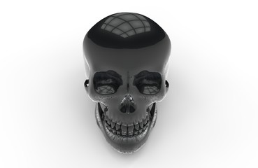 Black gloss isolated human skull on white background with shadows. 3D Rendering