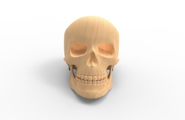 Wooden isolated human skull on white background with shadows. 3D rendering