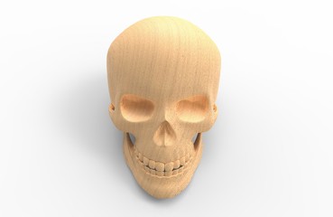 Wooden isolated human skull on white background with shadows. 3D rendering