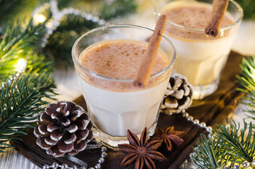 Christmas Milk Cocktail with Spice Eggnog in Festive Atmosphere.
