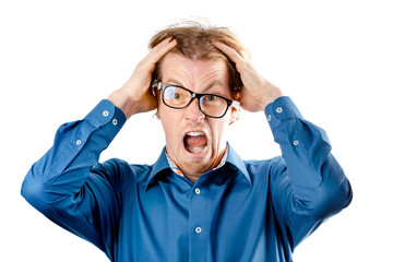 Male portrait of a fair-haired man of European appearance, on a white background. Emotions. Nerd...